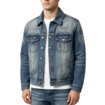 Rhinestone men's denim jacket crystal placement pattern and heat-press application detail
