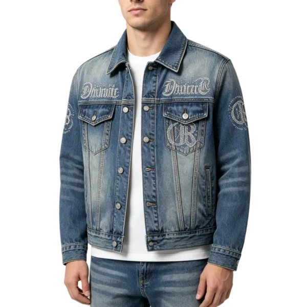 Rhinestone men's denim jacket crystal placement pattern and heat-press application detail