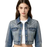 Y2K rhinestone women's denim jacket crystal placement pattern and front button closure detail