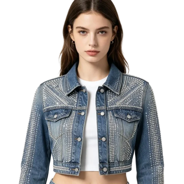Y2K rhinestone women's denim jacket crystal placement pattern and front button closure detail