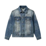Custom rhinestone bling trucker denim jacket men logo design custom manufacturer