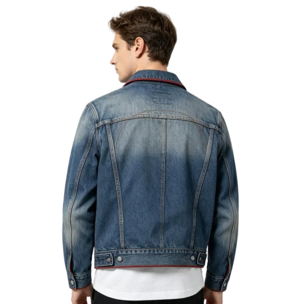 Raw selvedge men's denim jacket shuttle loom weave selvedge edge and fabric grain macro close-up
