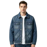 Quilted men's denim shacket button closure quilted interior lining and pocket construction detail