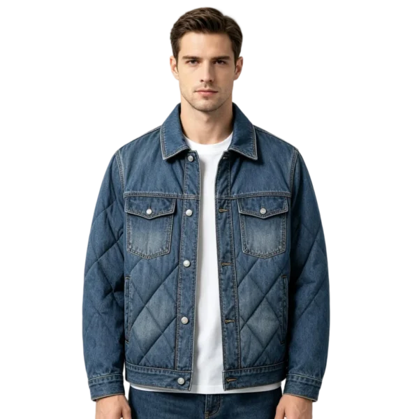 Quilted men's denim shacket button closure quilted interior lining and pocket construction detail