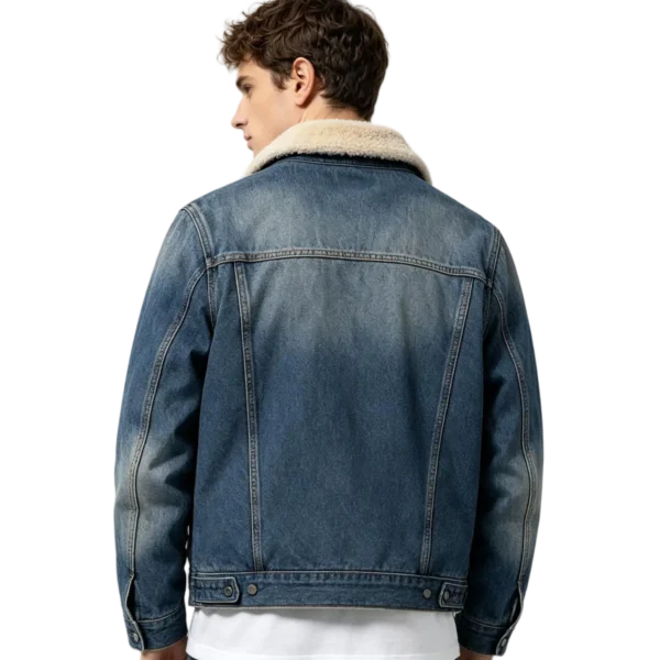 Sherpa lined men's denim jacket fleece lining texture outer denim fabric and seam macro close-up