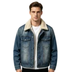Sherpa lined men's denim jacket collar fleece detail inner lining and button closure construction