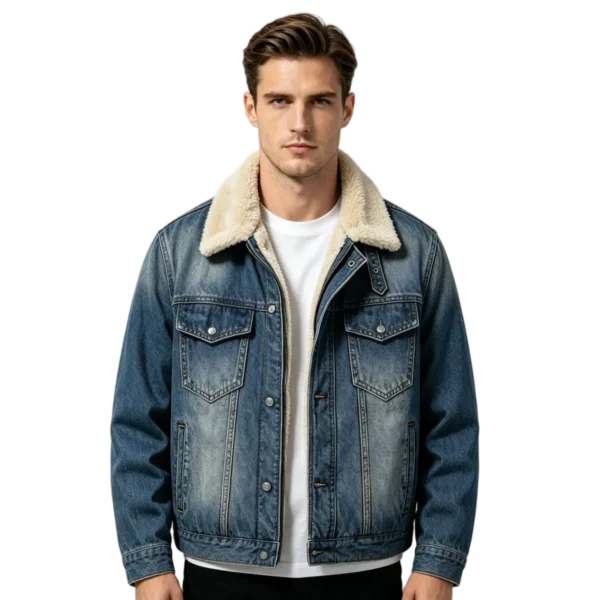 Sherpa lined men's denim jacket collar fleece detail inner lining and button closure construction