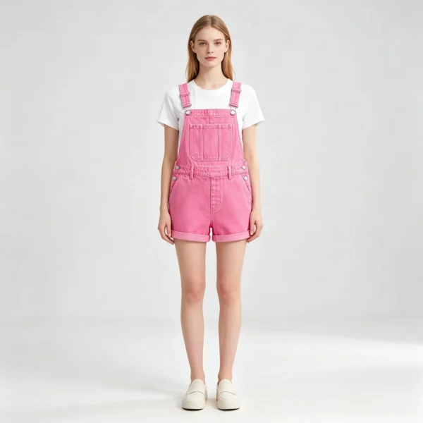 Short women's bib overalls side button closure and relaxed leg silhouette detail