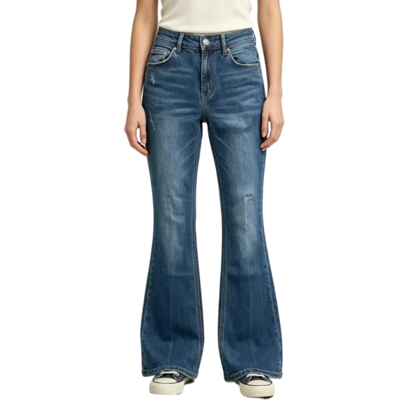 Women's slim bootcut jeans hem opening flare shape side profile and back yoke detail