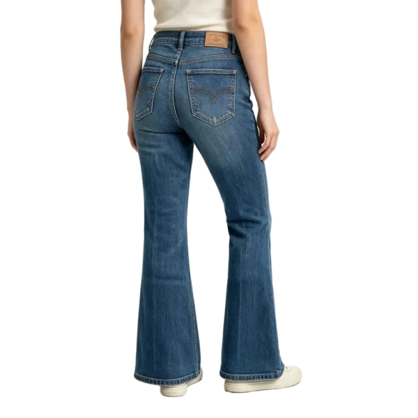 Slim bootcut women's stretch denim fabric recovery weave and hem finish macro close-up detail