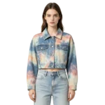 Tie-dye cropped women's denim jacket color pattern distribution front button and pocket detail