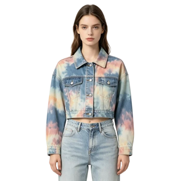 Tie-dye cropped women's denim jacket color pattern distribution front button and pocket detail