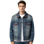Raw selvedge Type II men's denim jacket selvedge edge detail front pleat and button closure