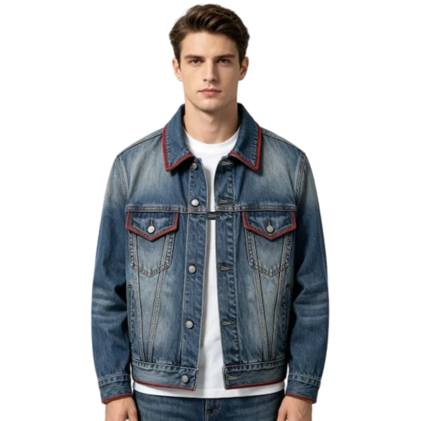 Raw selvedge Type II men's denim jacket selvedge edge detail front pleat and button closure
