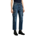 Women's utility cargo jeans side cargo pocket silhouette and back waistband construction detail