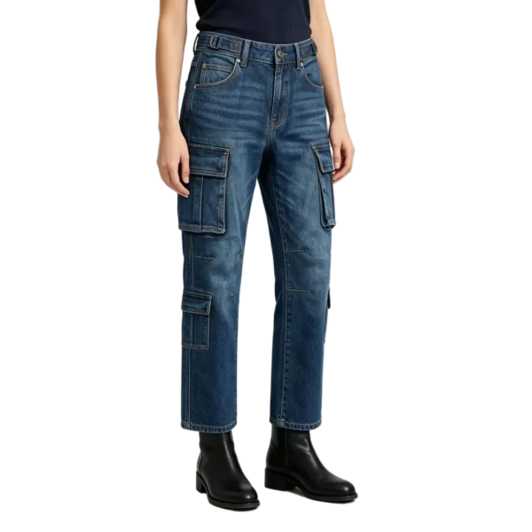 Women's utility cargo jeans side cargo pocket silhouette and back waistband construction detail