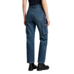 Utility cargo women's denim stitch reinforcement pocket flap and fabric durability macro close-up detail