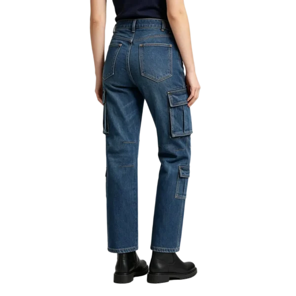 Utility cargo women's denim stitch reinforcement pocket flap and fabric durability macro close-up detail