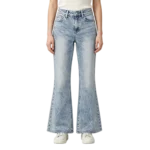 Vintage flare jeans women whisker fade pattern back yoke and pocket stitching detail