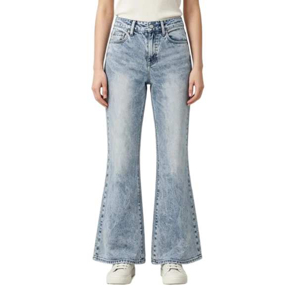 Vintage flare jeans women whisker fade pattern back yoke and pocket stitching detail