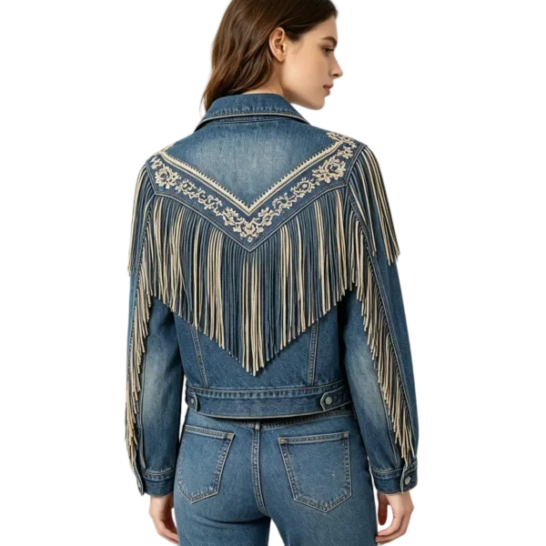 Western women's fringe denim jacket fringe trim texture denim fabric and yoke seam macro close-up