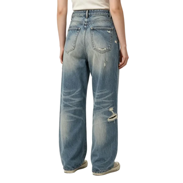 Y2K baggy jeans women frayed raw hem edge denim fabric texture and wash effect detail
