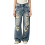 Y2K low rise slouchy jeans women distressed ripped details back pocket design