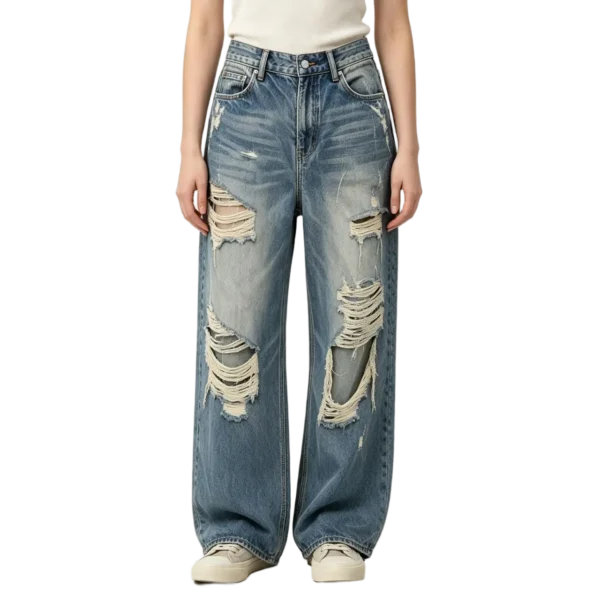 Y2K low rise slouchy jeans women distressed ripped details back pocket design