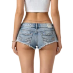 Y2K micro denim shorts women's washed fabric texture and frayed hem macro close-up detail
