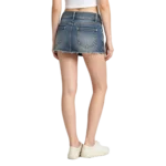 Y2K mini denim skirt women's raw hem edge washed fabric and distressed texture macro detail