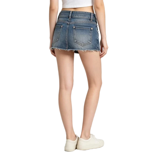 Y2K mini denim skirt women's raw hem edge washed fabric and distressed texture macro detail