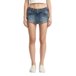 Y2K micro mini denim skirt women low rise waistband zip fly and front construction detail