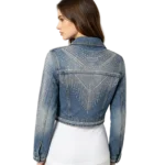 Y2K rhinestone women's denim jacket crystal shine fabric contrast and heat-press adhesion macro close-up