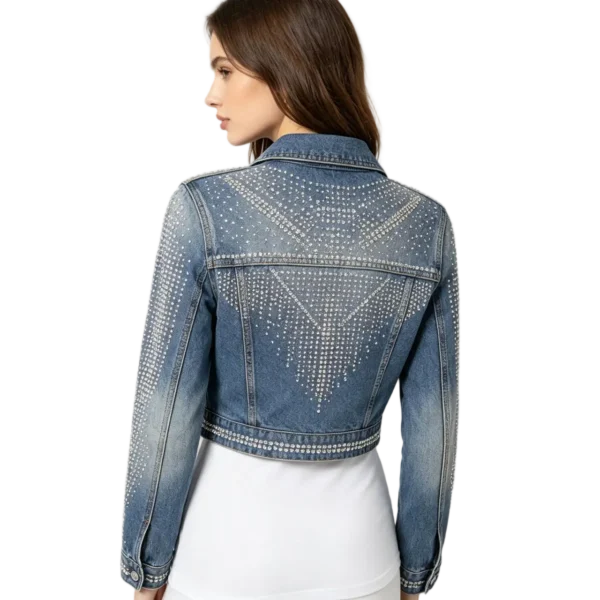 Y2K rhinestone women's denim jacket crystal shine fabric contrast and heat-press adhesion macro close-up