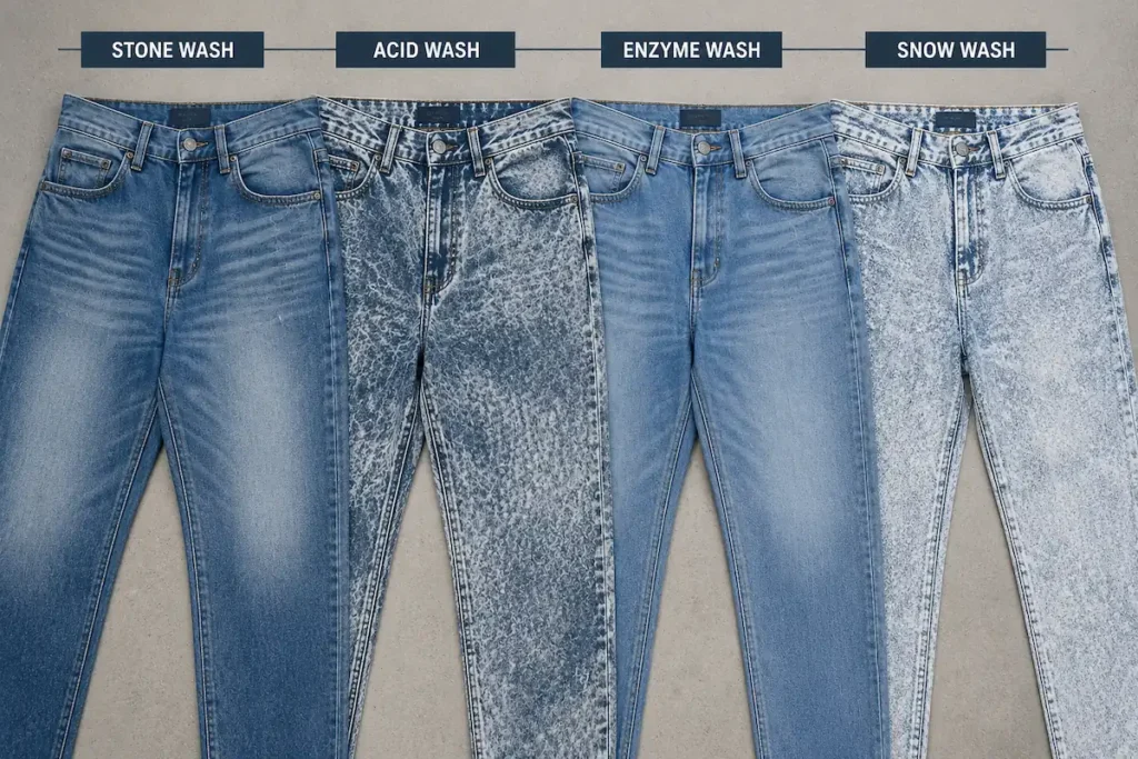 Side-by-side comparison of four denim washing techniques: stone wash, acid wash, enzyme wash and snow wash