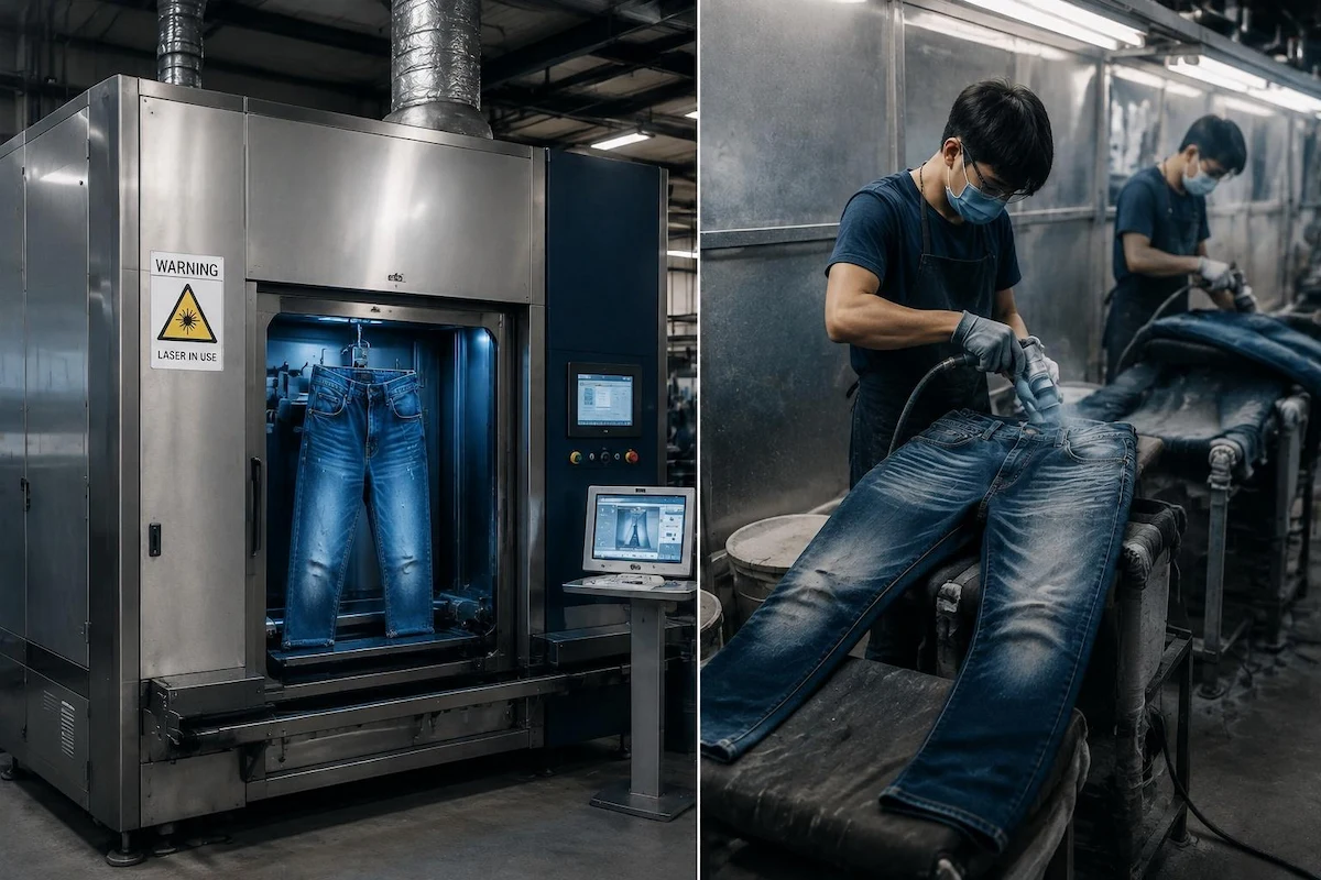 Distressed ripped jeans hanging in a denim factory with whiskering detail and industrial washing machine