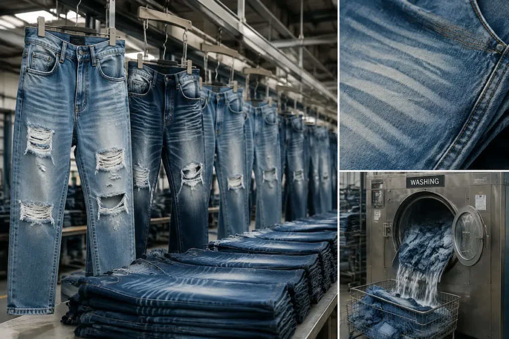 Laser distressing machine treating denim jeans alongside a worker applying hand finishing in a denim factory