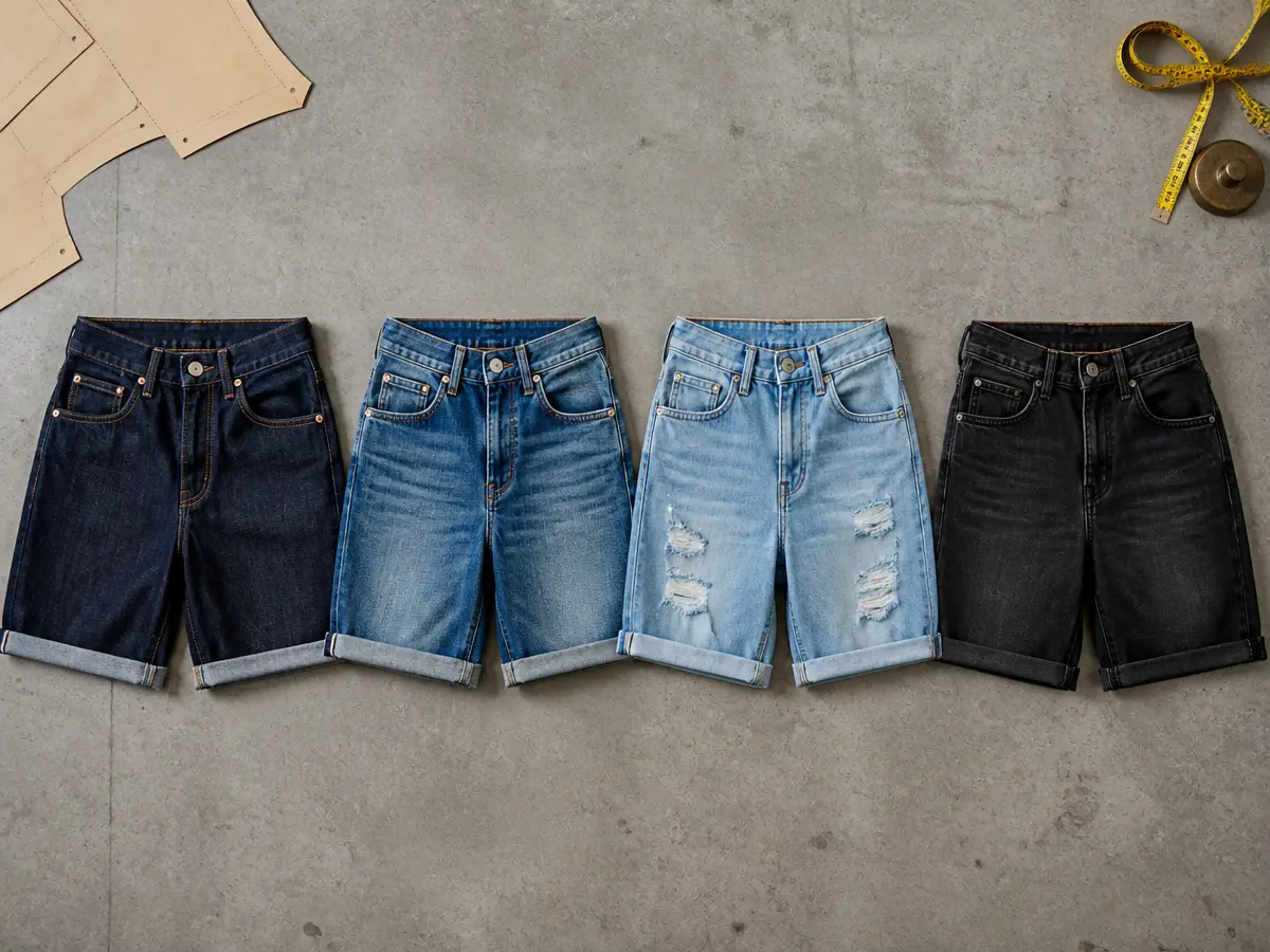 Custom denim shorts manufacturer cutting table with four denim shorts in raw indigo, stone wash, distressed light blue and black