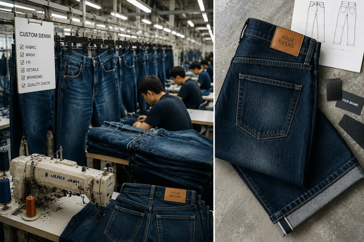 Custom jeans for startups moving from factory production to a finished branded pair with selvedge cuff and private label patch