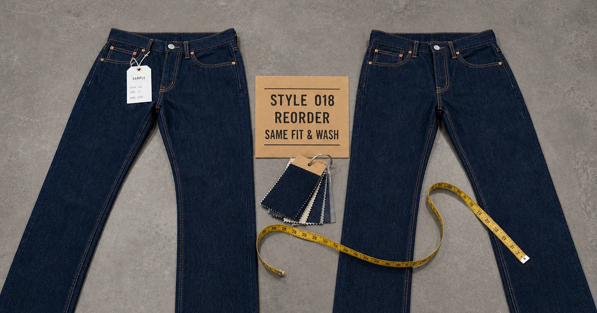 Scale custom jeans production — Style 018 reorder matched to the approved fit and wash