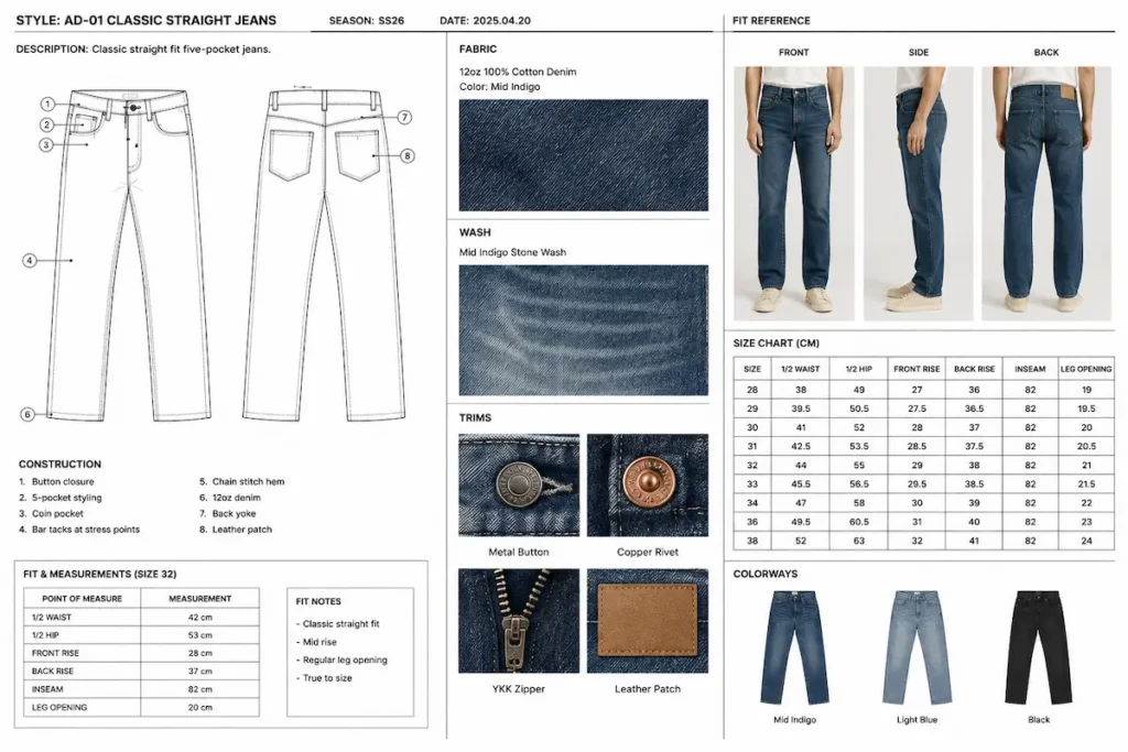 Custom jeans tech pack showing flat sketches, construction list, fabric and trim photos, size chart and model fit reference