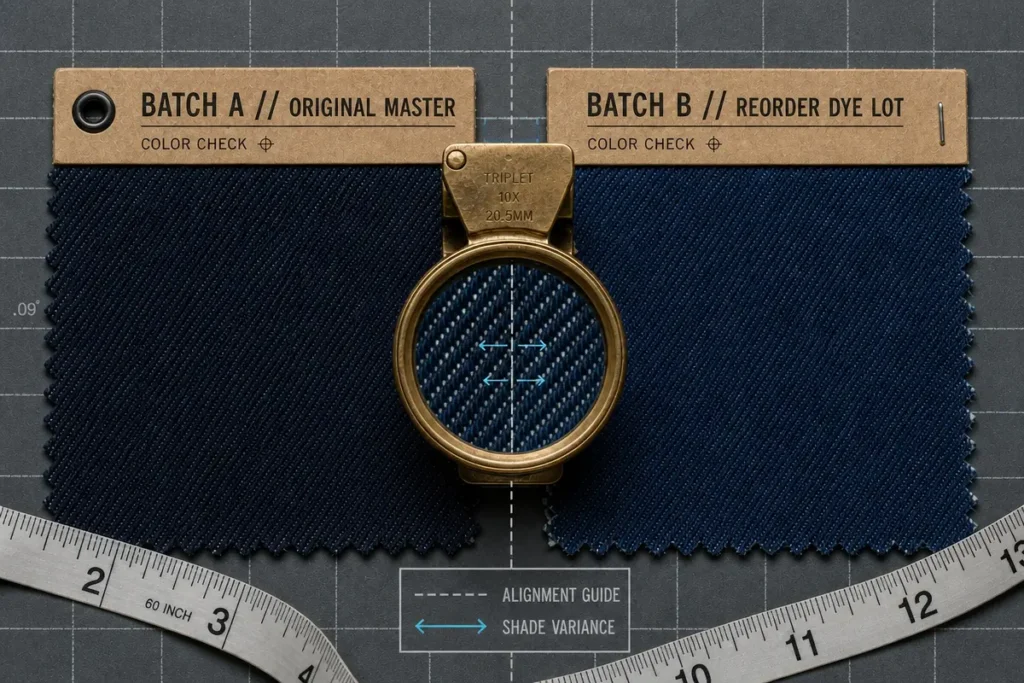 Fabric lot colour check comparing the original master swatch with a reorder dye lot under a 10x triplet loupe on a gridded cutting mat