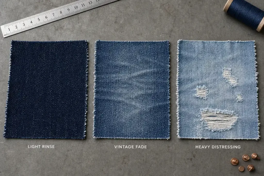 Three denim swatches showing light rinse, vintage fade and heavy distressing with a ruler, thread and rivets