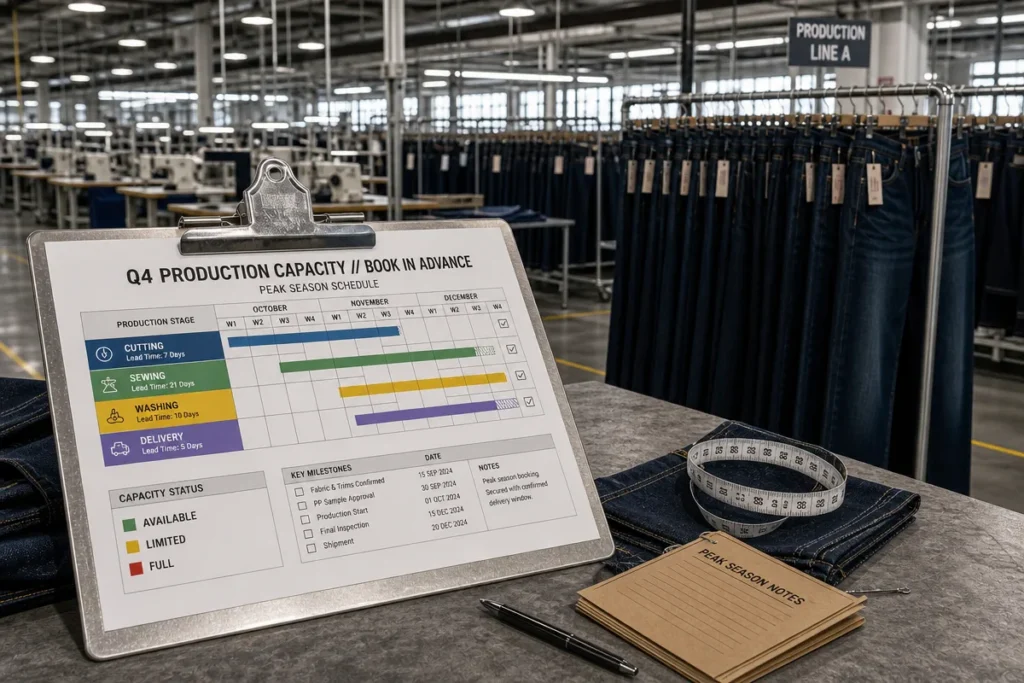 Denim reorder specification sheet showing front and back measurement callouts, wash recipe, hardware and stitching details locked for repeat production
