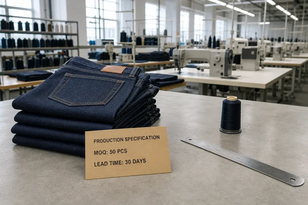 Folded raw denim jeans with a production specification card showing 50-piece MOQ and 30-day lead time