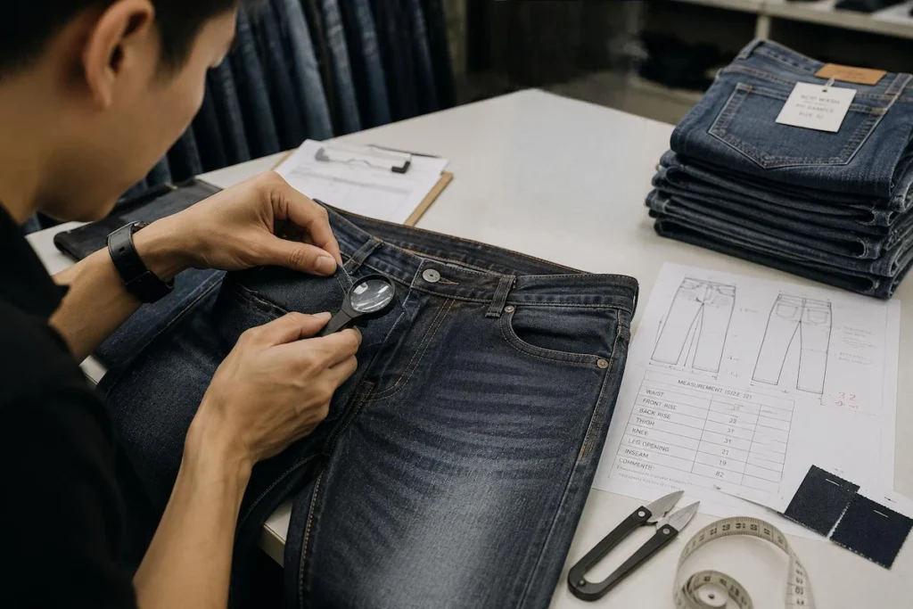 Quality check on a pre-production denim sample