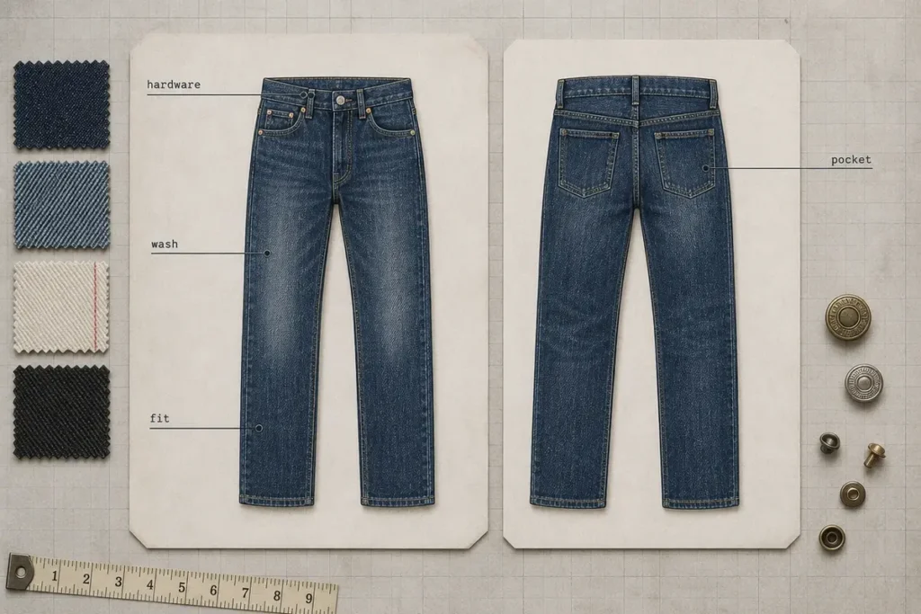 Denim jeans front and back with labels for hardware, wash, fit and pocket beside fabric swatches