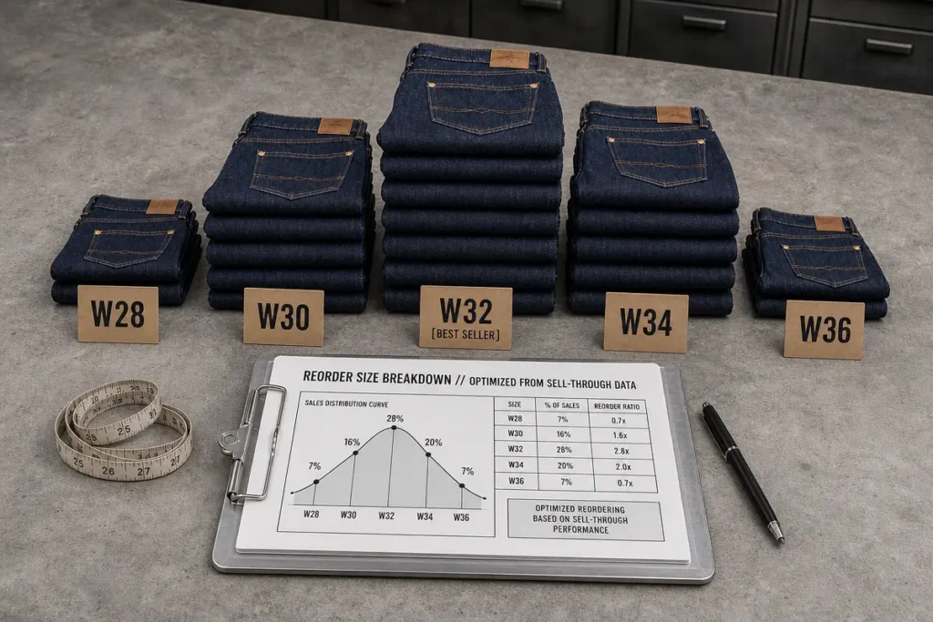 Denim factory production line with a peak season capacity schedule showing cutting, sewing, washing and delivery lead times booked in advance