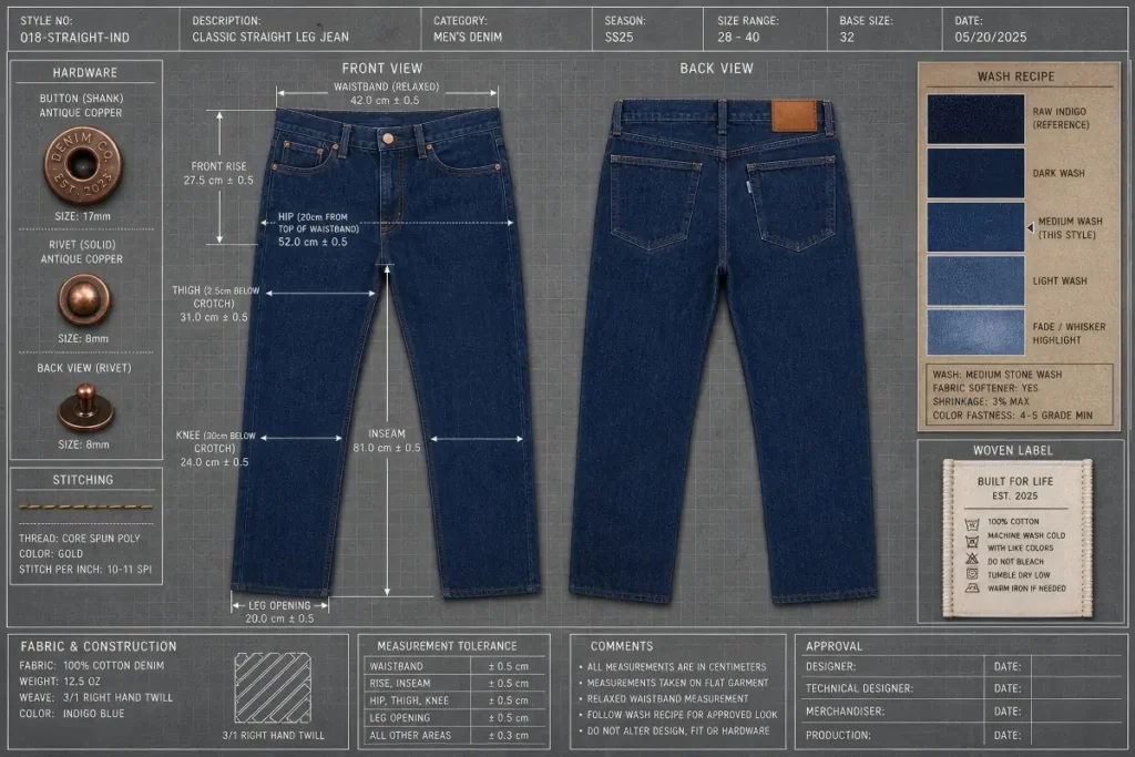 Denim reorder size breakdown for waist sizes 28 to 36 built from sell-through data, with stacked finished jeans and a sales distribution sheet