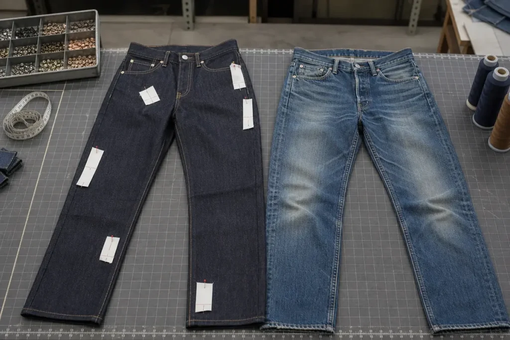Raw indigo jeans with marking tags beside a washed pair on a cutting mat